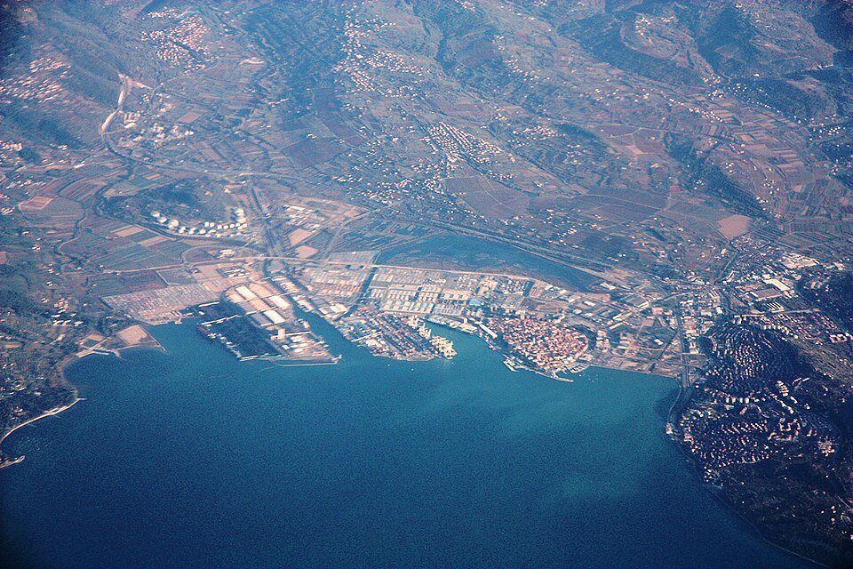 Aerial view of the Port of Koper and the town of Koper on the Slovenian coast