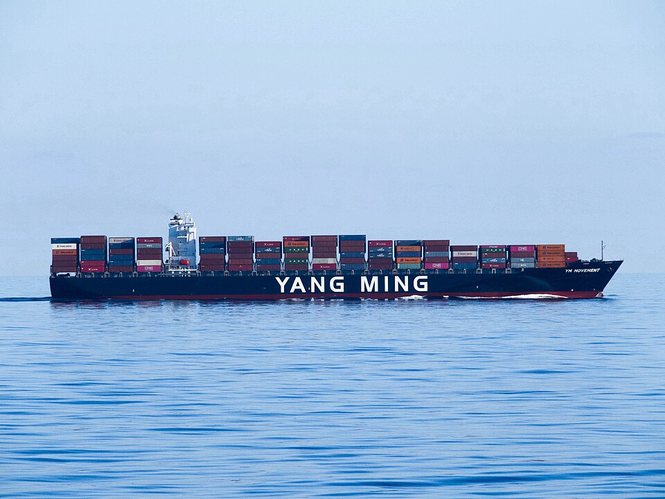 A loaded Yang Ming container ship at sea in the Mediterranean