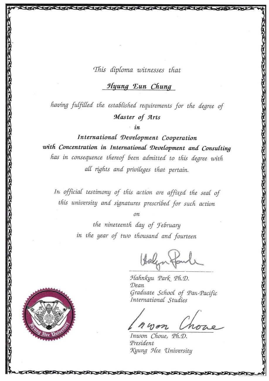 M.A. in International Development Cooperation, Kyung Hee University — 2012–2014.